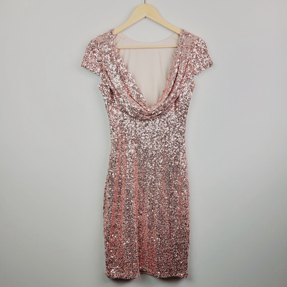 Belle Badgley Mischka Manhattan Dress Size 10 Blush Pink Sequins Cowl Back NWT - Picture 8 of 11